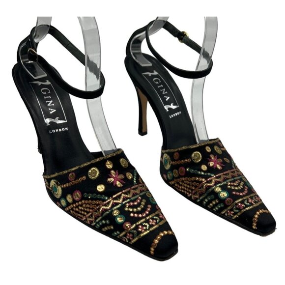 Gina Satin Pointed Toe Embroidered Detail Ankle Strap Heels - Picture 1 of 11